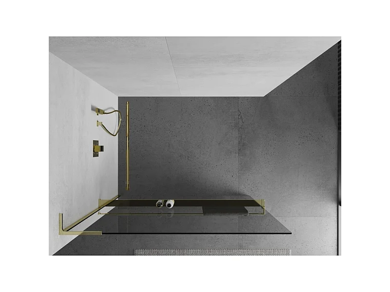 Mexen Kioto+ L brusevæg med hylde Walk-in 85 x 200 cm, transparent, guld - 800-085-123-50-00