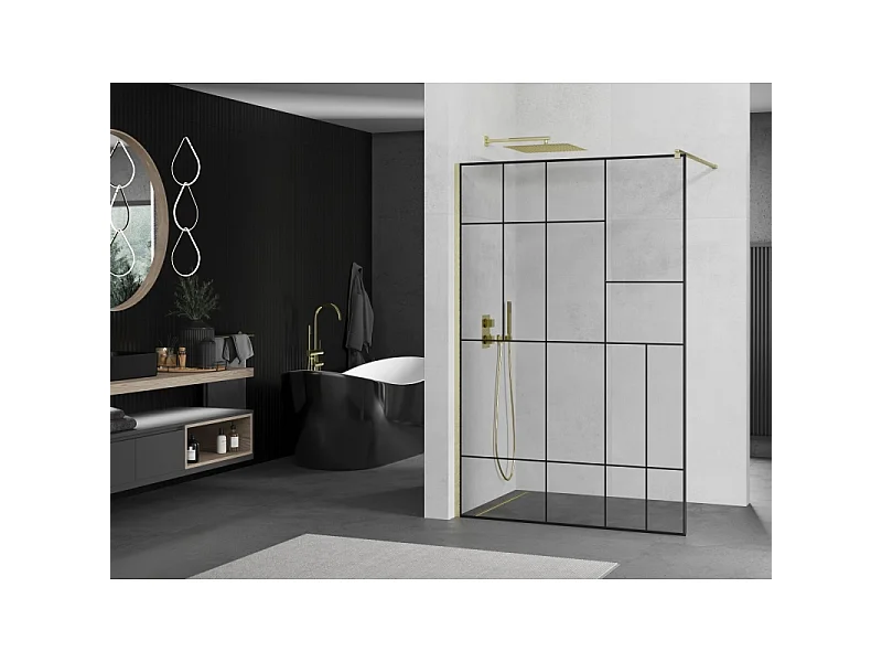 Mexen Kioto parede de chuveiro Walk-in 80 x 200 cm, padrão preto 8 mm, dourado escovado - 800-080-101-55-78