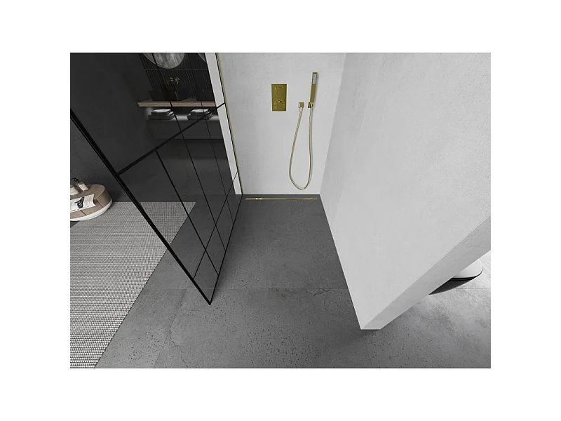 Mexen Kioto parede de chuveiro Walk-in 80 x 200 cm, padrão preto 8 mm, dourado escovado - 800-080-101-55-78