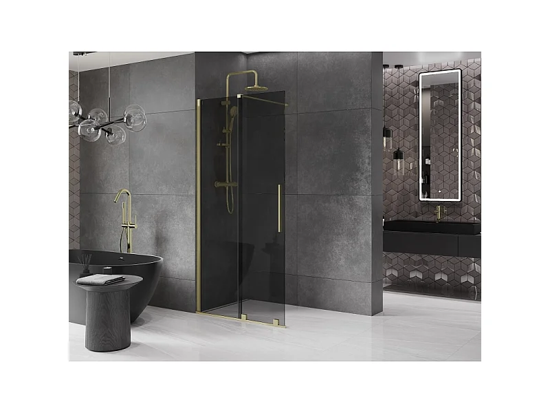 Mexen Velar Walk-in Shower Wall 90 x 200 cm, Graphite 8 mm, Brushed Gold - 871-090-000-43-55