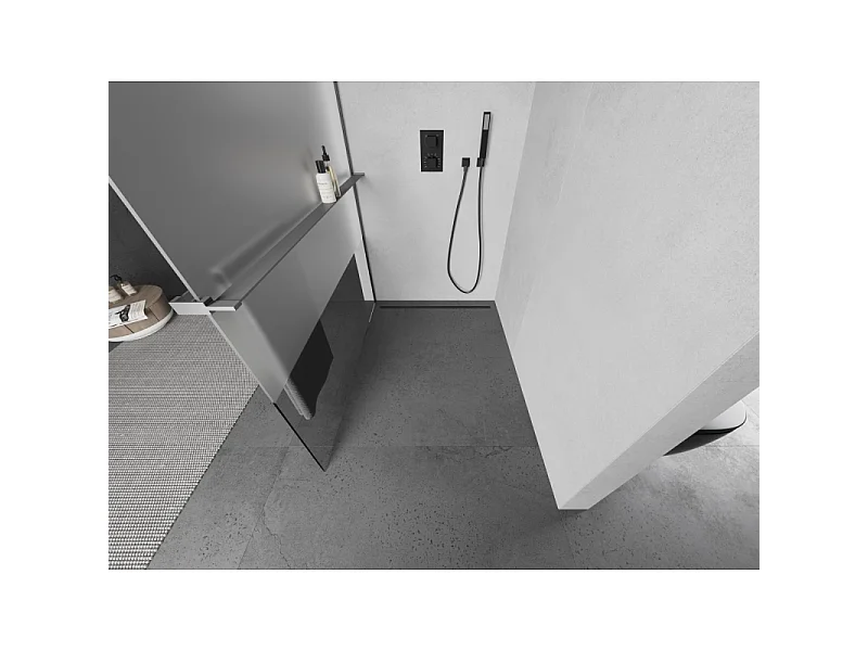 Mexen Kioto+ L painel de chuveiro com prateleira Walk-in 120 x 200 cm, transparente/fosco, metal gun - 800-120-123-95-35