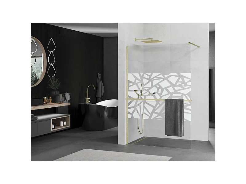 Mexen Kioto+ cloison de douche avec étagère Walk-in 140 x 200 cm, motif blanc, or brossé - 800-140-121-55-85