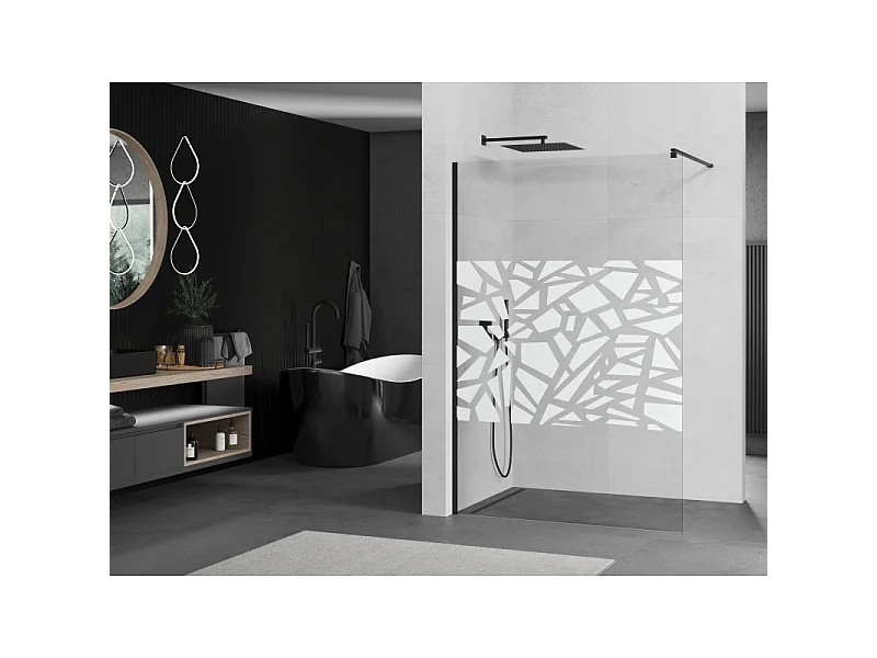 Mexen Kioto Brusevæg Walk-in 70 x 200 cm, hvidt mønster 8 mm, sort - 800-070-101-70-85