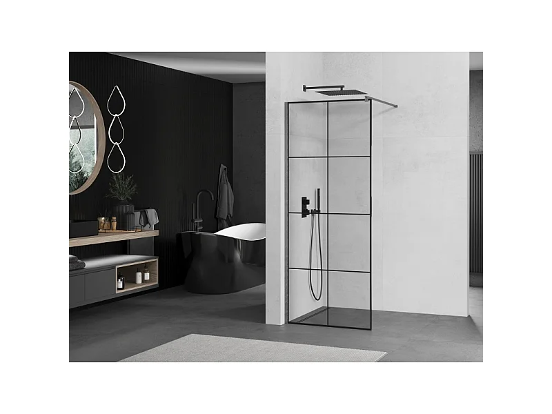 Mexen Kioto Duschwand Walk-in 90 x 200 cm, schwarzes Gitter 8 mm, gebürstetes Waffengrau - 800-090-101-66-77