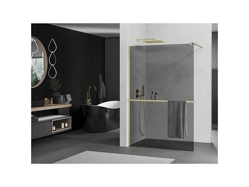 Mexen Kioto+ pared de ducha con repisa Walk-in 110 x 200 cm, grafito, oro cepillado - 800-110-121-55-40