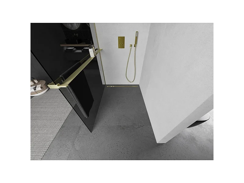 Mexen Kioto+ pared de ducha con repisa Walk-in 110 x 200 cm, grafito, oro cepillado - 800-110-121-55-40