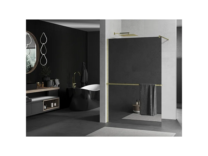 Mexen Kioto+ paroi de douche avec étagère Walk-in 140 x 200 cm, miroir, or brossé - 800-140-121-55-50