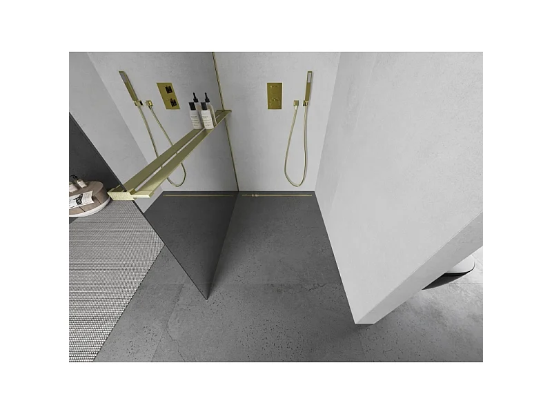 Mexen Kioto+ paroi de douche avec étagère Walk-in 140 x 200 cm, miroir, or brossé - 800-140-121-55-50