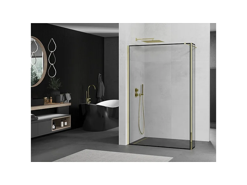 Mexen Kioto Duschwand Walk-in 150 x 40 cm, schwarzer Rahmen, gold - 800-150-212-50-70-040