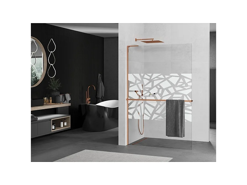 Mexen Kioto+ L Shower Wall with Walk-in Shelf 120 x 200 cm, White Pattern, Rose Gold - 800-120-123-60-85