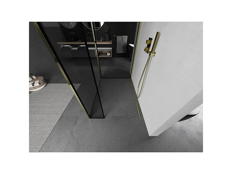 Mexen Kioto tuš stena Walk-in 100 x 70 x 30 cm, črni okvir, zlata - 800-100-070-221-50-70-030