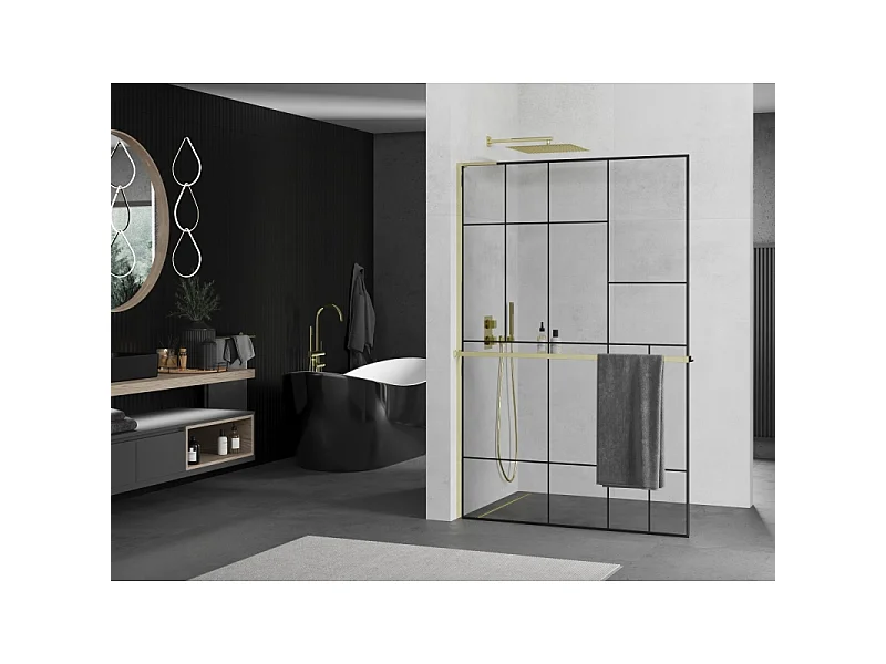 Mexen Kioto+ L douchewand met plank Walk-in 80 x 200 cm, zwart patroon, goud - 800-080-123-50-78