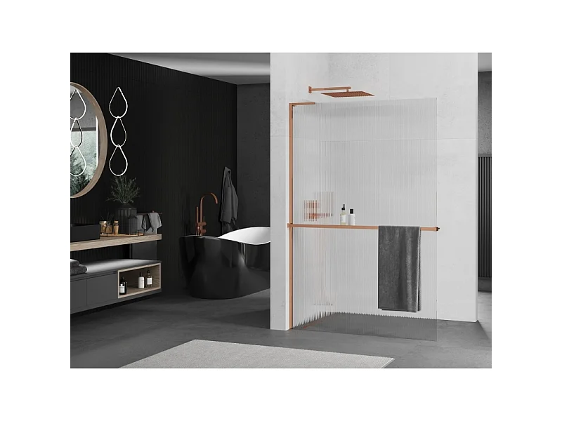 Mexen Kioto+ L panneau de douche avec étagère Walk-in 70 x 200 cm, rayures, or rose - 800-070-123-60-09