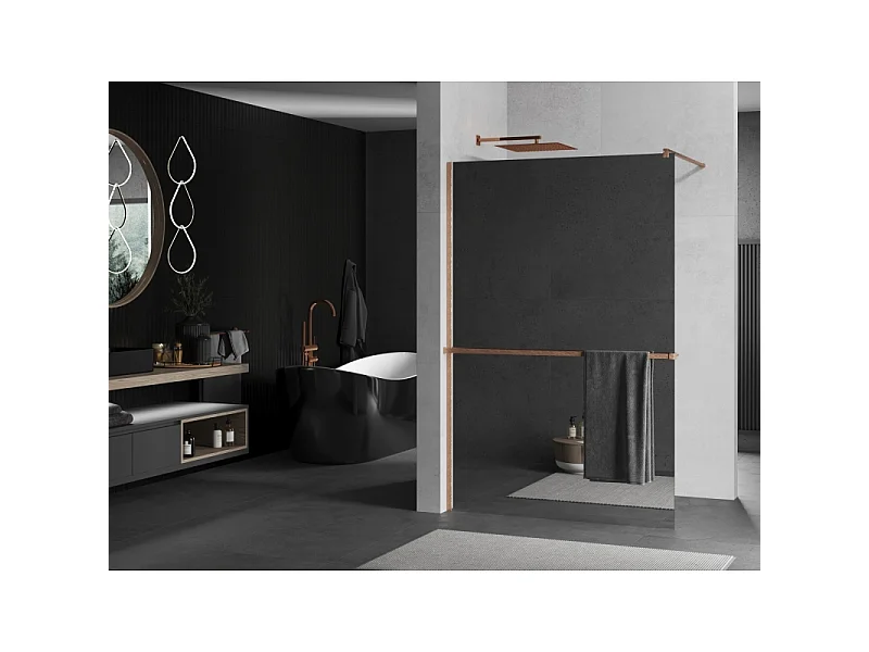 Mexen Kioto+ parede de duche com prateleira Walk-in 140 x 200 cm, espelho, cobre escovado - 800-140-121-65-50