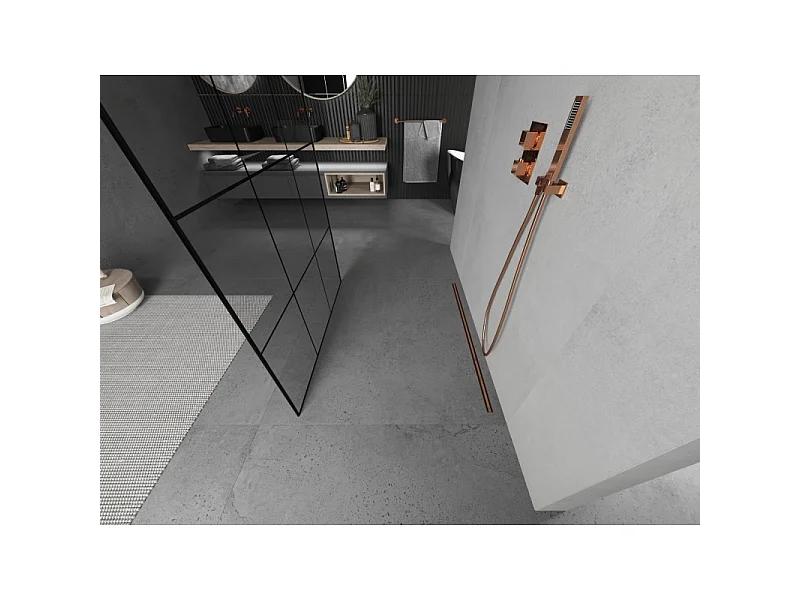 Mexen Kioto fritstående brusevæg 120 x 200 cm, sort gitter 8 mm, rosa guld - 800-120-002-60-77