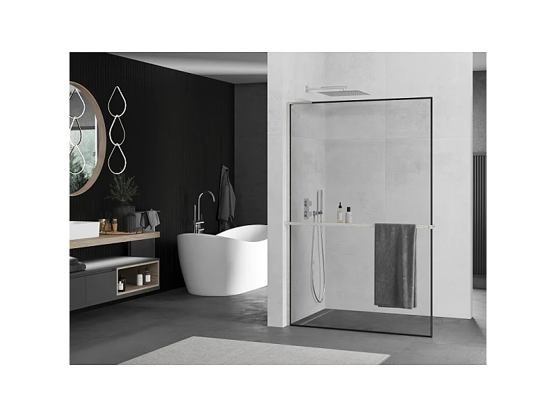 Mexen Kioto+ L painel de duche com prateleira Walk-in 120 x 200 cm, moldura preta, níquel escovado - 800-120-123-97-70