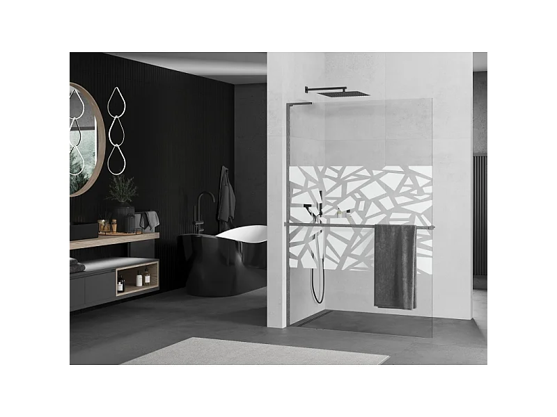 Mexen Kioto+ L Shower Wall with Walk-in Shelf 90 x 200 cm, White Pattern, Gun Gray Brushed - 800-090-123-66-85