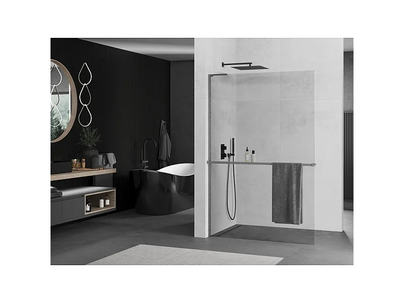 Mexen Kioto+ L brusevæg med hylde Walk-in 70 x 200 cm, transparent, børstet gun grå - 800-070-123-66-00