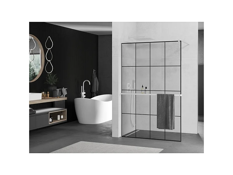 Mexen Kioto+ mampara de ducha con estante Walk-in 140 x 200 cm, rejilla negra, blanco - 800-140-121-20-77