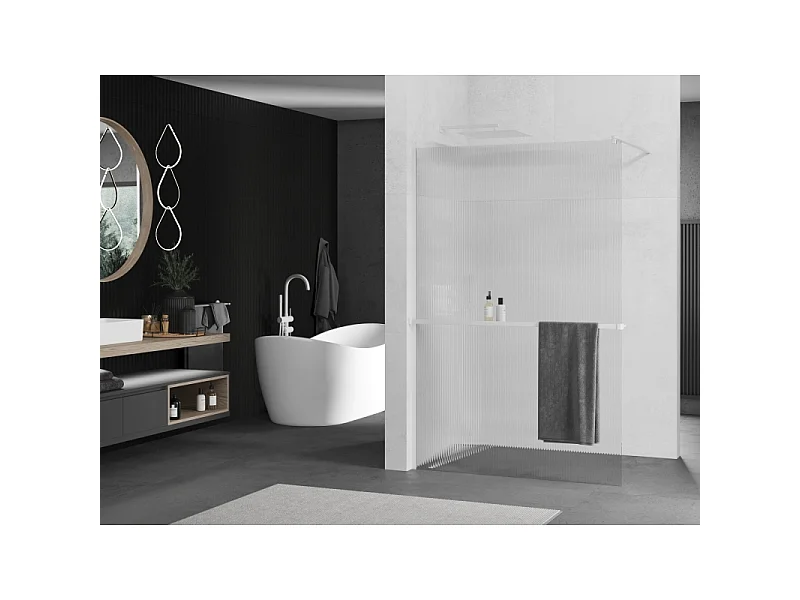 Mexen Kioto+ walk-in shower wall with shelf 140 x 200 cm, clear, white - 800-140-121-20-09