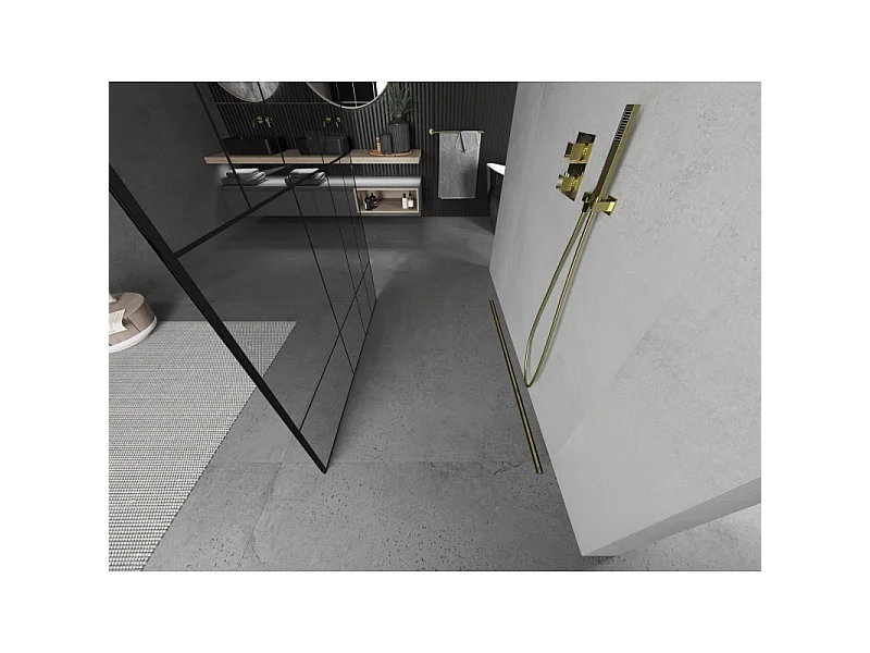 Mexen Kioto Fritstående brusevæg 120 x 200 cm, sort mønster 8 mm, guld - 800-120-002-50-78