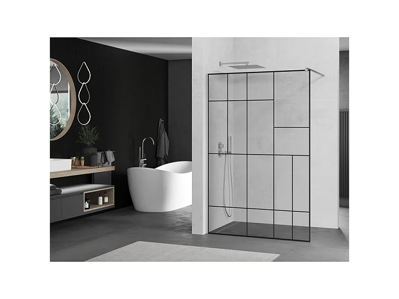 Mexen Kioto parede de duche Walk-in 80 x 200 cm, padrão preto 8 mm, cromado - 800-080-101-01-78