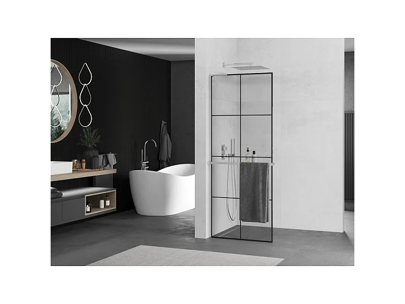 Mexen Kioto+ L paroi de douche avec étagère Walk-in 70 x 200 cm, grille noire, chrome - 800-070-123-01-77