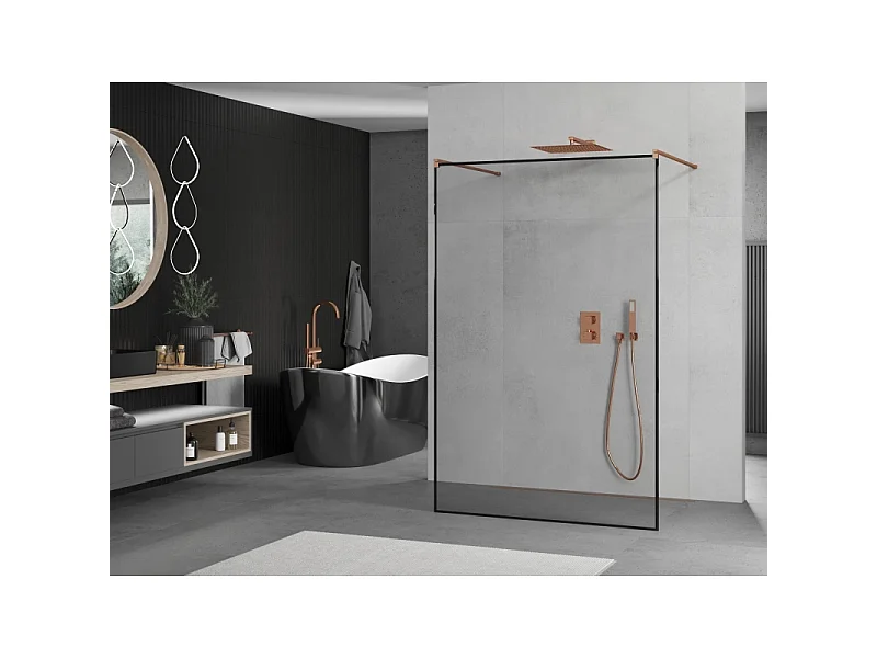 Mexen Kioto vrijstaande douchewand 150 x 200 cm, zwarte lijst 8 mm, roze goud - 800-150-002-60-70