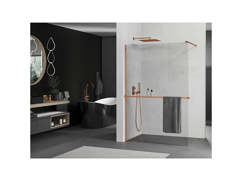 Mexen Kioto+ Duschwand mit Regal Walk-in 100 x 200 cm, transparent, Roségold - 800-100-121-60-00