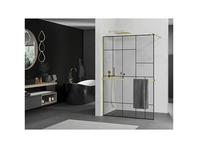 Mexen Kioto+ douchewand met plank Walk-in 140 x 200 cm, zwart patroon, goud - 800-140-121-50-78