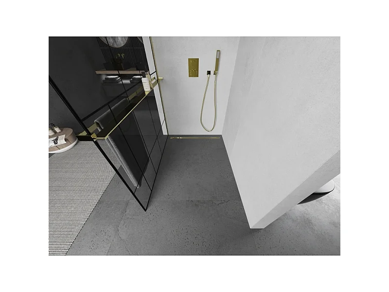Mexen Kioto+ douchewand met plank Walk-in 140 x 200 cm, zwart patroon, goud - 800-140-121-50-78