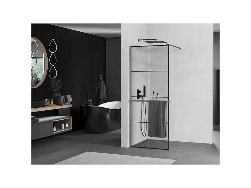 Mexen Kioto+ pannello doccia con mensola Walk-in 90 x 200 cm, griglia nera, metallo scuro - 800-090-121-95-77