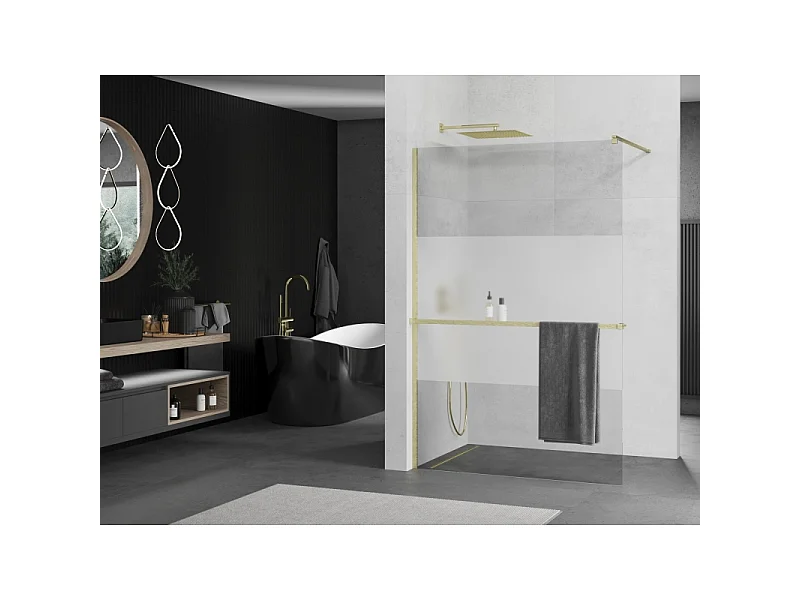 Mexen Kioto+ paroi de douche avec étagère Walk-in 120 x 200 cm, transparent/sablé, or brossé - 800-120-121-55-35