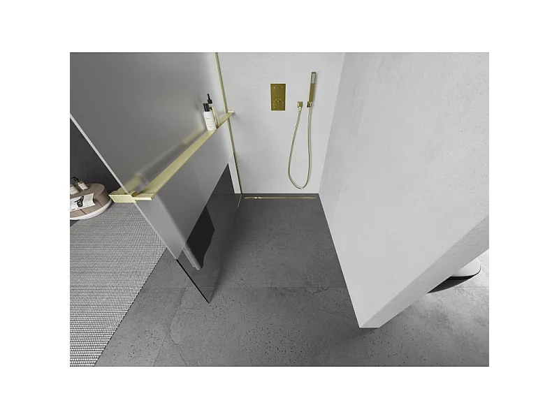 Mexen Kioto+ paroi de douche avec étagère Walk-in 120 x 200 cm, transparent/sablé, or brossé - 800-120-121-55-35