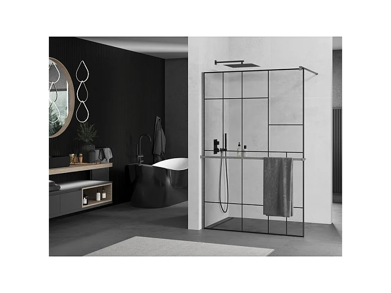 Mexen Kioto+ brusevæg med hylde Walk-in 110 x 200 cm, sort mønster, børstet gun grey - 800-110-121-66-78