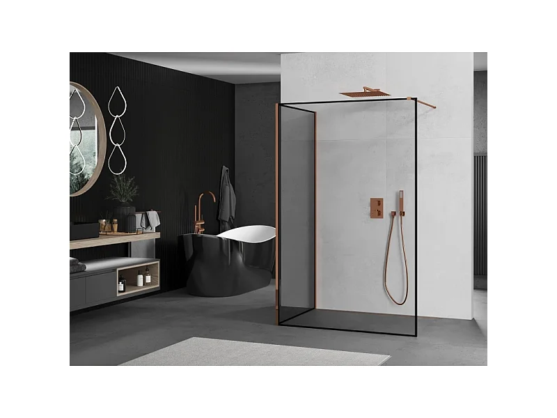 Mexen Kioto Duschwand Walk-in 140 x 100 cm, schwarzer Rahmen, Roségold - 800-140-212-60-70-100