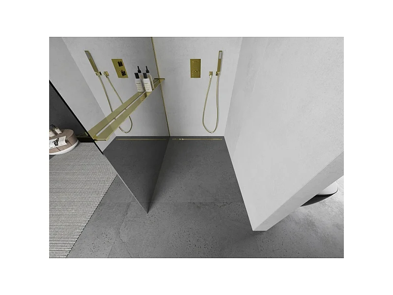 Mexen Kioto+ L parede de duche com prateleira Walk-in 80 x 200 cm, espelho, dourada - 800-080-123-50-50
