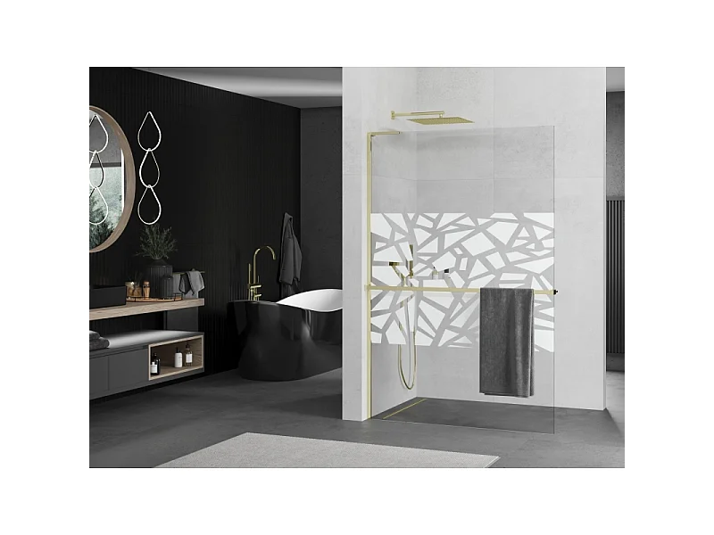 Mexen Kioto+ L parede de duche com prateleira Walk-in 100 x 200 cm, padrão branco, dourado - 800-100-123-50-85