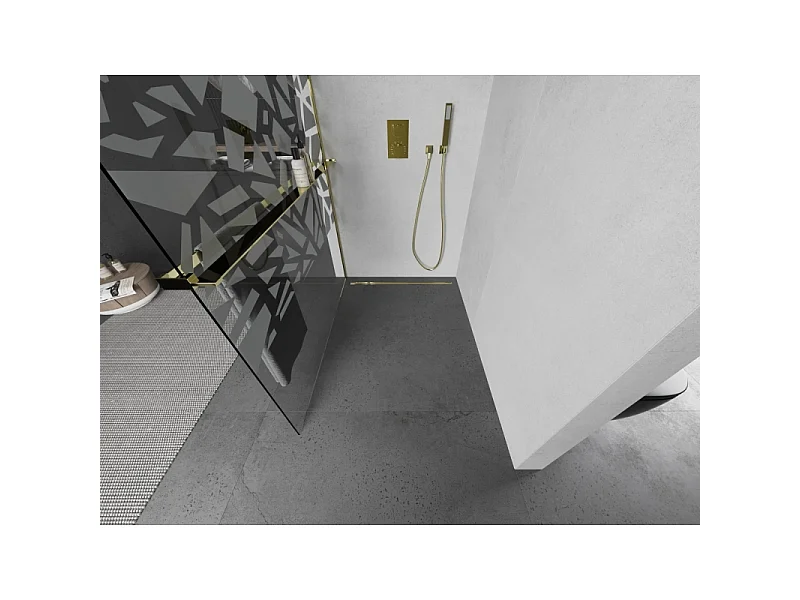 Mexen Kioto+ L parede de duche com prateleira Walk-in 100 x 200 cm, padrão branco, dourado - 800-100-123-50-85