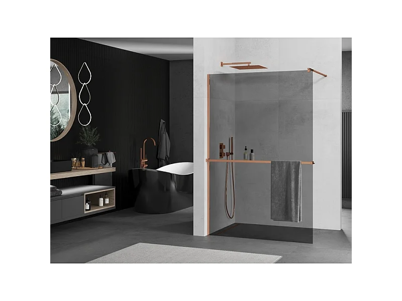 Mexen Kioto+ paroi de douche avec étagère Walk-in 100 x 200 cm, graphite, or rose - 800-100-121-60-40