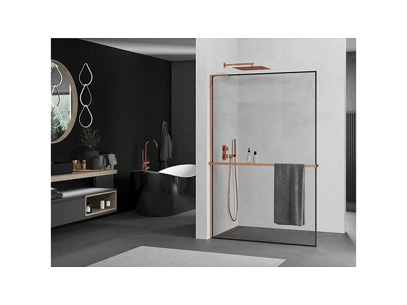 Mexen Kioto+ L brusevæg med hylde Walk-in 50 x 200 cm, sort ramme, rosa guld - 800-050-123-60-70