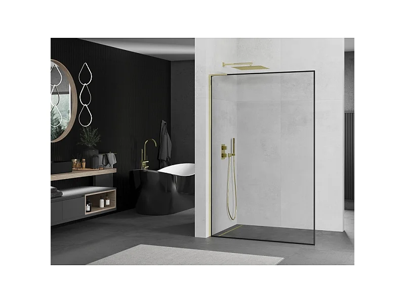 Mexen Kioto L panneau de douche Walk-in 110 x 200 cm, cadre noir, or - 800-110-103-50-70
