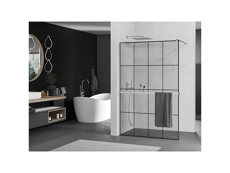 Mexen Kioto+ paroi de douche avec étagère Walk-in 140 x 200 cm, grille noire, chrome - 800-140-121-01-77