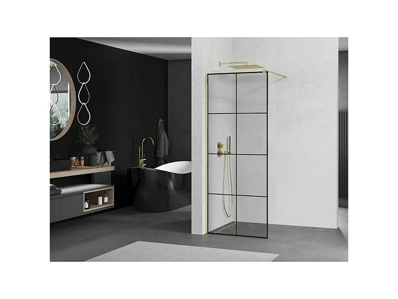 Mexen Kioto Walk-in Shower Wall 90 x 200 cm, Black Grid 8 mm, Gold - 800-090-101-50-77