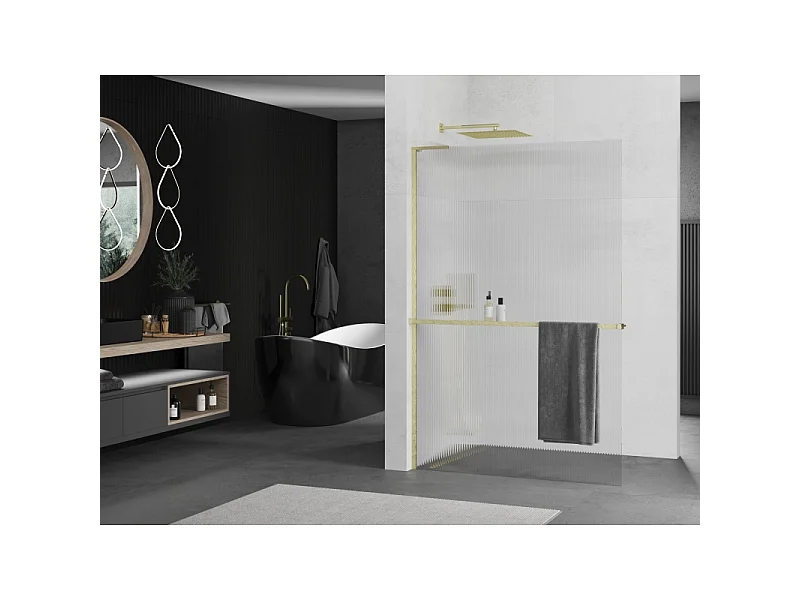 Mexen Kioto+ L panneau de douche avec étagère Walk-in 100 x 200 cm, rayures, or brossé - 800-100-123-55-09
