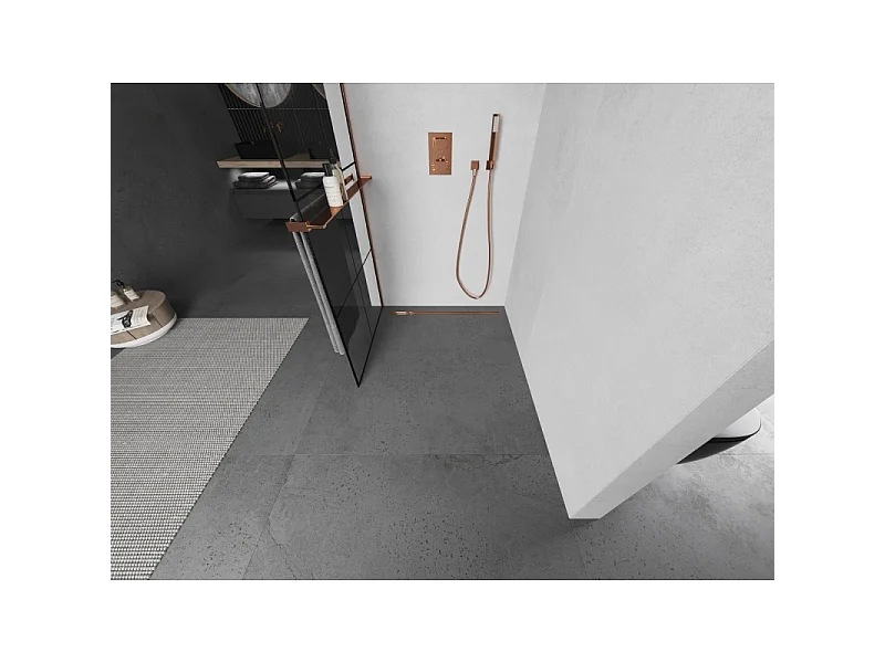 Mexen Kioto+ L douchescherm met plank Walk-in 90 x 200 cm, zwart rooster, roze goud - 800-090-123-60-77