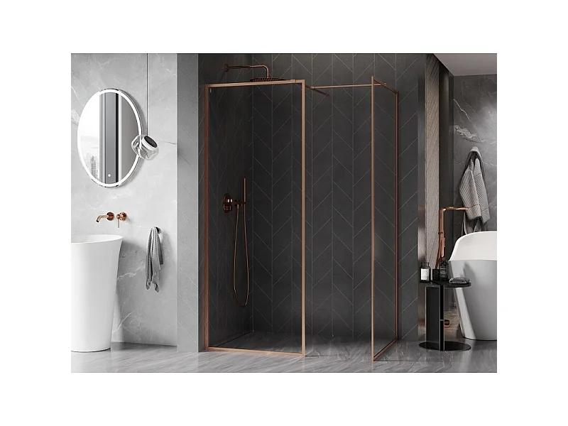 Mexen Kioto-F Walk-in shower panel with frame 90 x 85 cm, transparent 8 mm, brushed copper - 800-090-202-04-65-085
