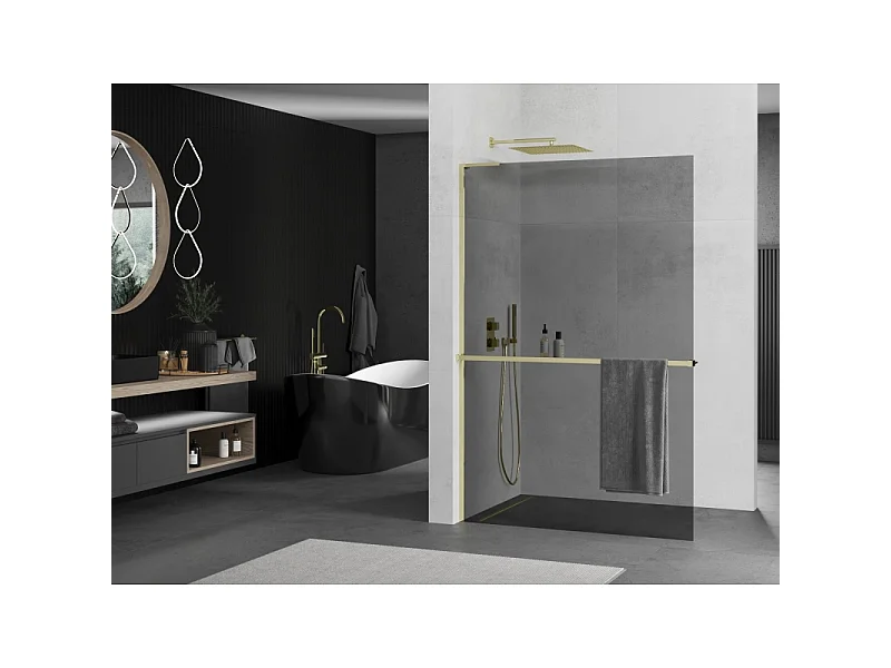 Mexen Kioto+ L paroi de douche avec étagère Walk-in 70 x 200 cm, graphite, or - 800-070-123-50-40