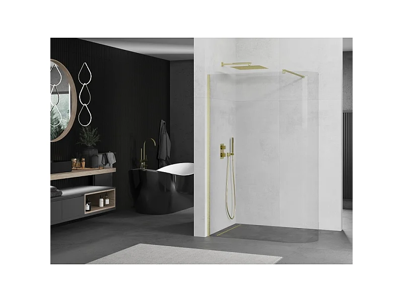 Mexen Kioto-R rund Walk-in brusevæg 140 x 200 cm, transparent 8 mm, børstet guld - 800-140-101-55-06