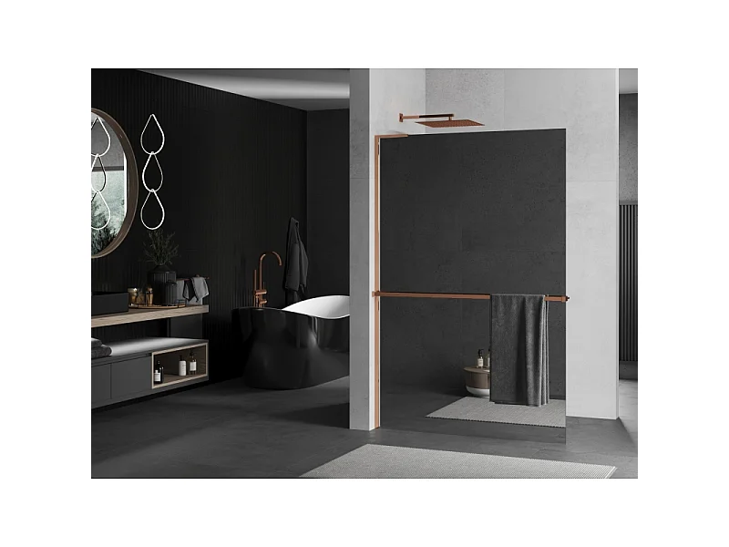 Mexen Kioto+ L parede de duche com prateleira Walk-in 110 x 200 cm, espelho, ouro rosa - 800-110-123-60-50